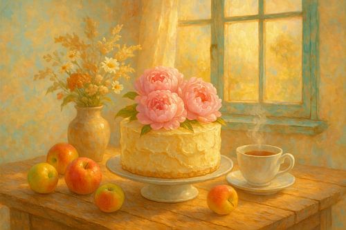 Zonnige ochtend – stilleven met taart en bloemen