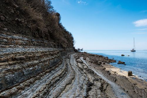 Seascape with rock formations and erosion in Piran, Slovenia