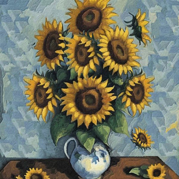 Still life sunflowers in porcelain water jug by Anna Marie de Klerk
