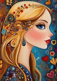 Frau und Herzen | Strahlende Frau und bunter Hintergrund von Blickfänger Gemälde