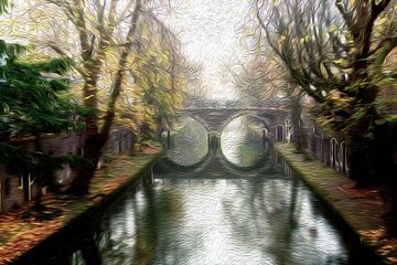 Oudegracht mit der Hamburger Brücke in Utrecht an einem nebligen Novembermorgen (DIGITAL PAINTING)