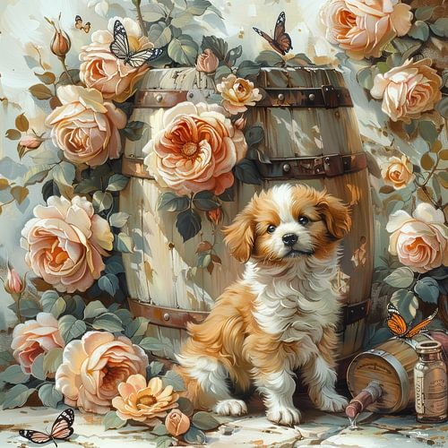 chiens-chats-oiseaux-vin-tonneau-papillons-fleurs