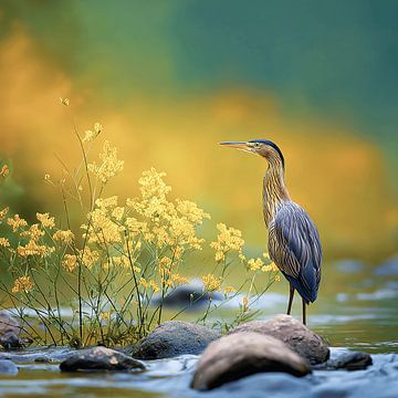The Heron in the Golden Morning Flowers by Karina Brouwer
