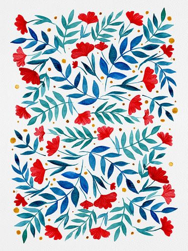 Magical Flowers and Branches - Red and Turquoise