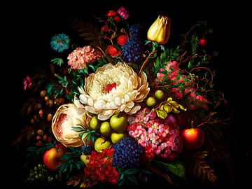 Stilleven schilderij: Victoriaans bloemstuk met bloemen en fruit van Studio Pieternel