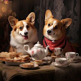Teezeit für zwei Welsh Corgi Hunde von Vlindertuin-Art