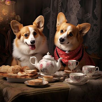 L'heure du thé pour deux chiens Welsh Corgi sur Vlindertuin Art