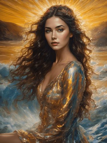 De knappe vrouw in de gouden jurk