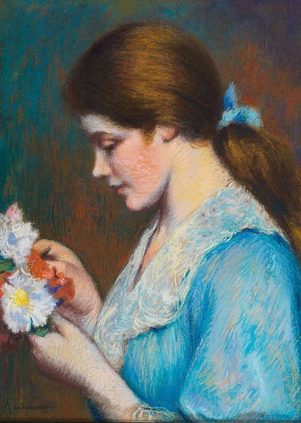 Une jeune femme avec un bouquet de fleurs par Antonije Lazovic