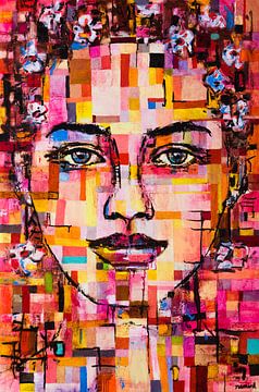 Abstract painting portrait woman pink by Anja Namink - Paintings
