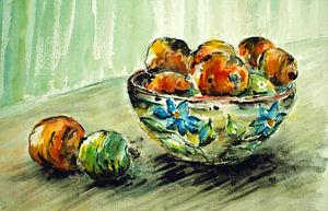 Schale mit Obst. Handbemaltes Aquarell.