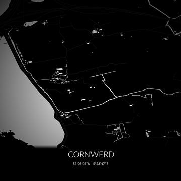 Zwart-witte landkaart van Cornwerd, Fryslan. van Rezona
