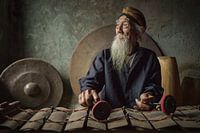The gamelan maestro Ki Suripto on his gamelan in Salatiga, Central Java, Indonesia
