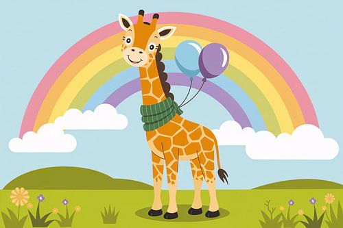 Giraffe met ballonnen en regenboog