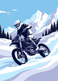 Motocross-Fahrer springt über einen verschneiten Berghang und durch einen Kiefernwald – dynamische Action von Adam Khabibi
