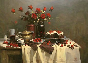 Buffet with pastries, cherries and roses