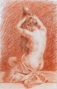 Frau beim Haarschnitt, in rot, Paul Baudouin