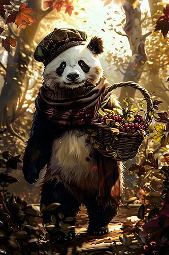 Panda avec panier dans une forêt d'automne