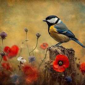 Tableau de mésange charbonnière aux coquelicots rouges sur Joriali photographie et peintures
