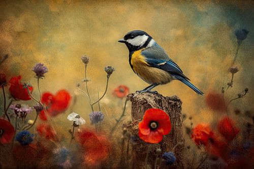 Koolmees Schilderij met Rode Klaprozen