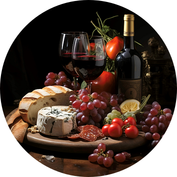 stilleven van wijn, kaas en brood van Gelissen Artworks