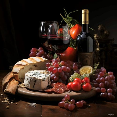 stilleven van wijn, kaas en brood