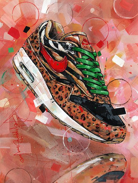 schors Brein Toneelschrijver Nike air max 1 Animal pack 2.0 schilderij van Jos Hoppenbrouwers op canvas,  behang en meer