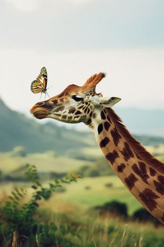 Giraffe meets butterfly in nature