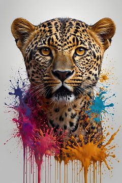 Expressive Abstract Leopard with Splash of Colour by De Muurdecoratie