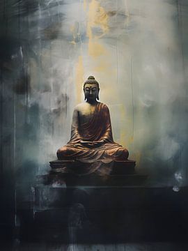 Erleuchtete Reflexion - Ein goldener Buddha inmitten von ätherischen Nebeln - Wandkunst von Murti Jung