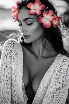 Woman with wreath of flowers in black and white by Poster Art Shop