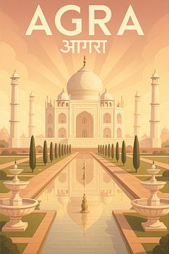 Taj Mahal Vintage Travel Poster – Agra Sunrise & Reflection Art by Travel Shop