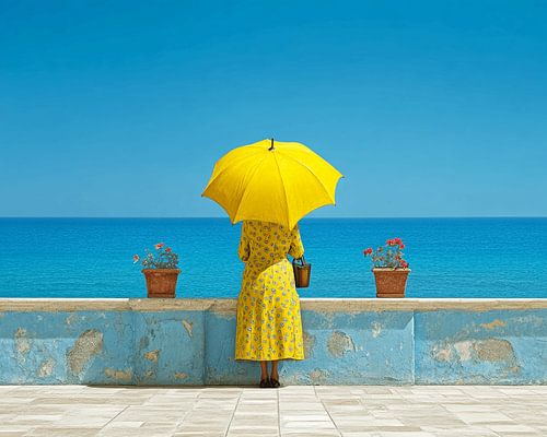 Woman with parasol by the sea | introspective art by the sea