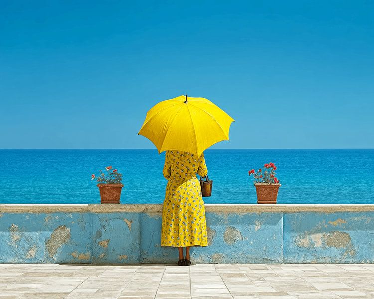 Woman with parasol by the sea | introspective art by the sea by Karina Brouwer