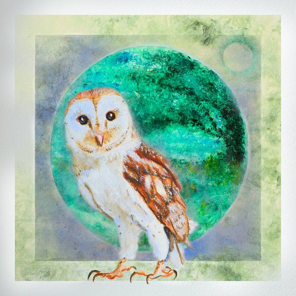 Owl with green planet by Greta Lipman
