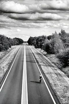 Cycliste solitaire en Drenthe, noir et blanc sur Sander de Vries