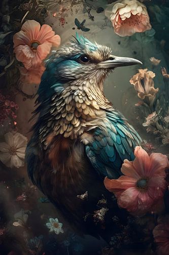 Oiseau parmi des fleurs colorées