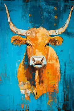 Abstracte kleurrijke koe op blauw van Art & Soul Creations
