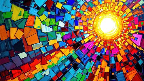 Abstracte hemelse magie - stralende zon in een mozaïek van lichtgevende glasscherven en diepe golven van kleur