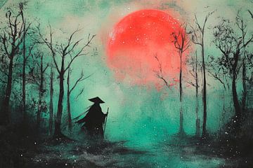Mystiek landschap met rode maan van Poster Art Shop