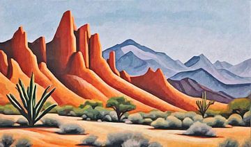 Woestijn met rotsachtige bergen, grassen en yucca's van Anna Marie de Klerk