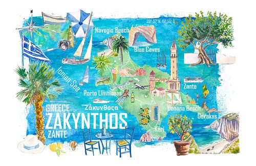 Zakynthos Zante Carte de voyage illustrée de l'île grecque de la mer Ionienne avec routes et points forts touristiques