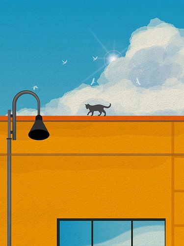 Art minimal d'un chat au sommet d'un bâtiment jaune sur RickyAP