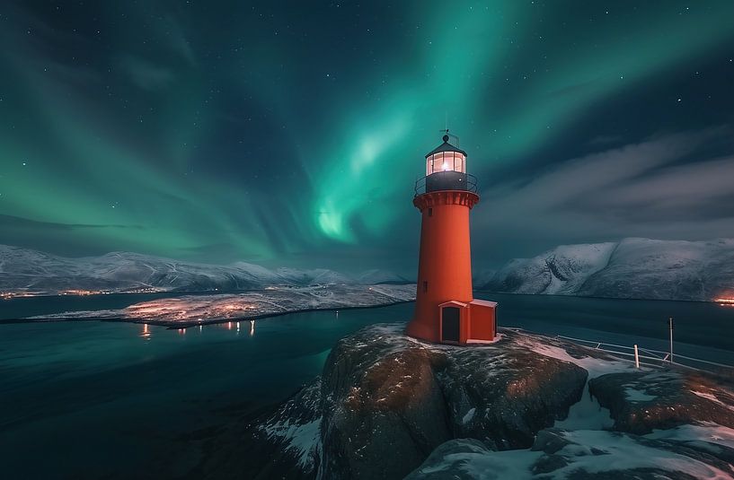 Noorderlicht boven de vuurtoren van fernlichtsicht