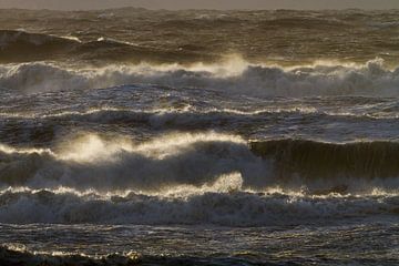 Surf during storm with sunset by Menno van Duijn