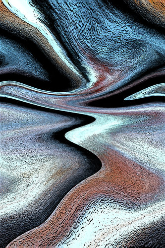 Flowing Paths – An abstract river landscape painting in shades of blue and earth tones