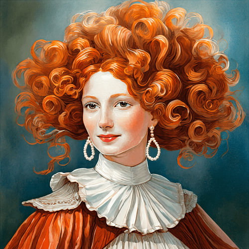 Portrait of a woman wearing pearls and with a profusion of red, curly hair