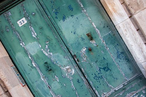 Verweerde groenblauwe houten dubbele portiekdeur