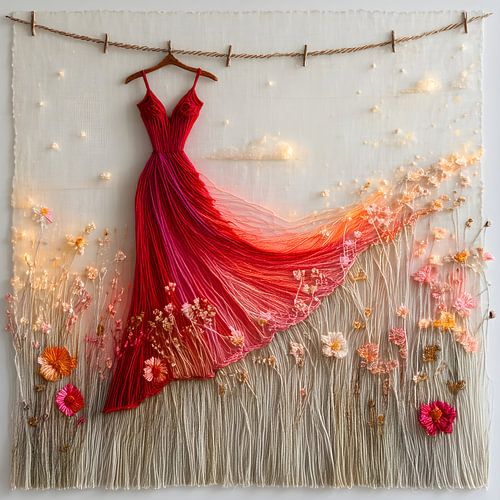 Rotes Kleid auf der Wäscheleine im Herbst