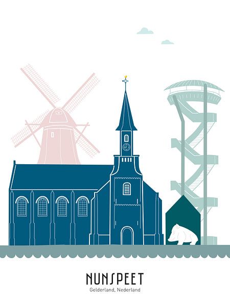 Skyline-Illustration der Stadt Nunspeet in Farbe von Mevrouw Emmer